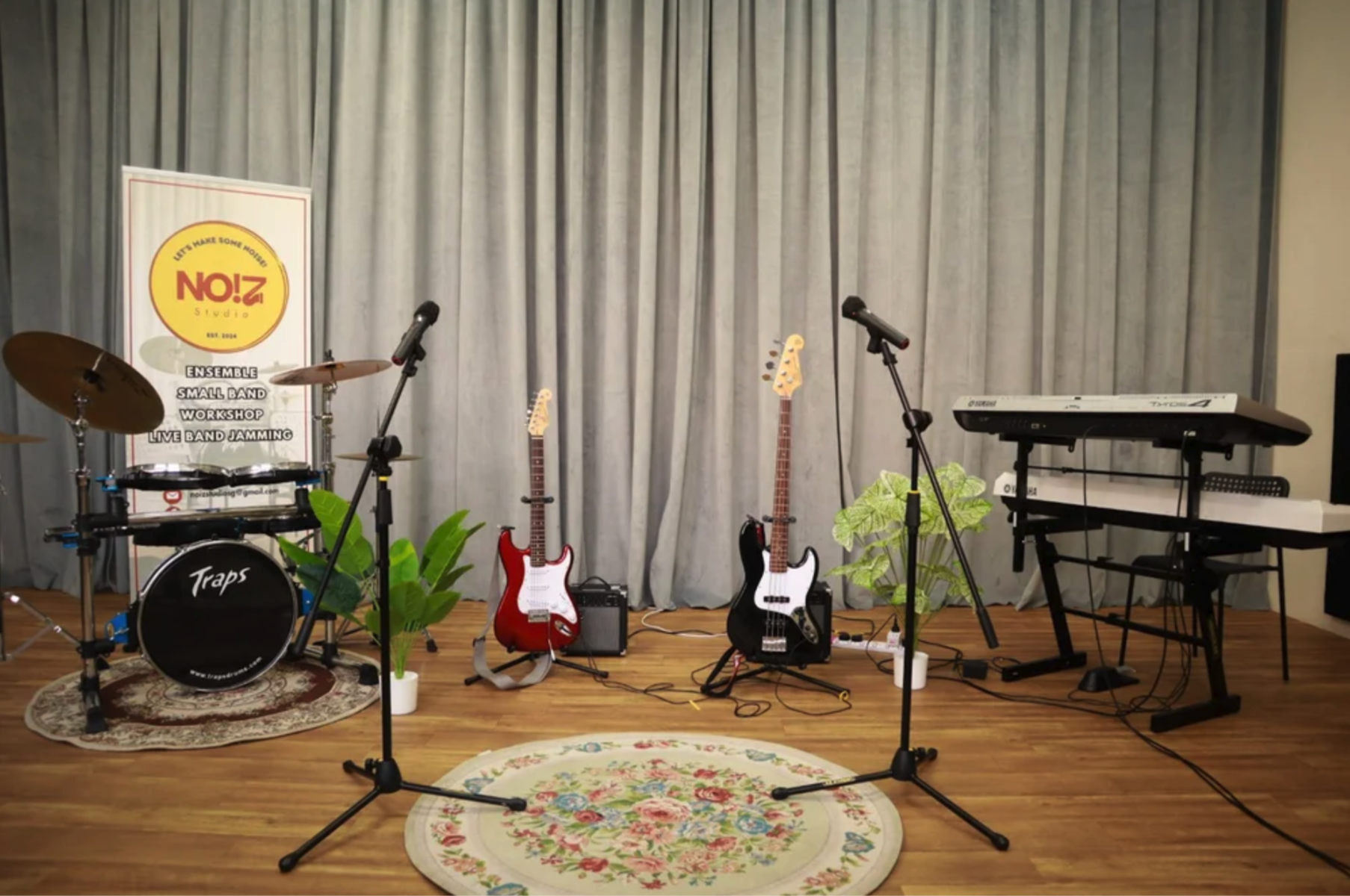 Musical setup with instruments and microphones